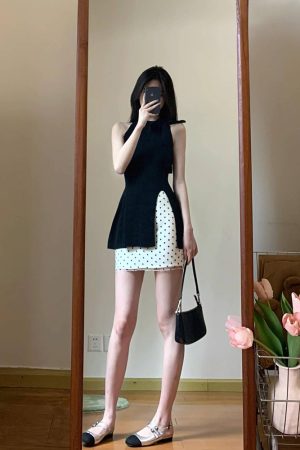 Women's Summer 2025 Polka Dot Two-Piece Set - Halter Neck Bow Knitted Top with Short Half Skirt - Trendy and Chic