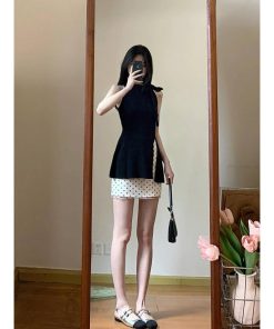 Women's Summer 2025 Polka Dot Two-Piece Set - Halter Neck Bow Knitted Top with Short Half Skirt - Trendy and Chic