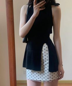 Women's Summer 2025 Polka Dot Two-Piece Set - Halter Neck Bow Knitted Top with Short Half Skirt - Trendy and Chic