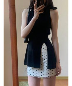 Women's Summer 2025 Polka Dot Two-Piece Set - Halter Neck Bow Knitted Top with Short Half Skirt - Trendy and Chic