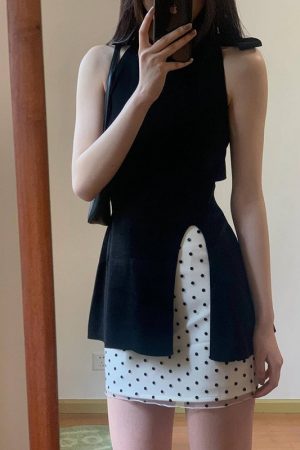 Women's Summer 2025 Polka Dot Two-Piece Set - Halter Neck Bow Knitted Top with Short Half Skirt - Trendy and Chic