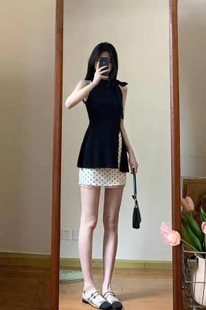 Women's Summer 2025 Polka Dot Two-Piece Set - Halter Neck Bow Knitted Top with Short Half Skirt - Trendy and Chic