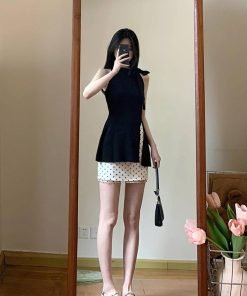 Women's Summer 2025 Polka Dot Two-Piece Set - Halter Neck Bow Knitted Top with Short Half Skirt - Trendy and Chic