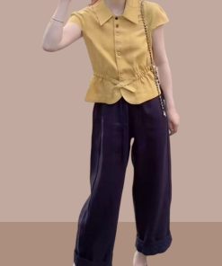 Women's Summer Button-Down Slim-Fit Collared Top & Casual Straight-Leg Pants Set - Trendy Waist-Cinching Outfit for Chic Style