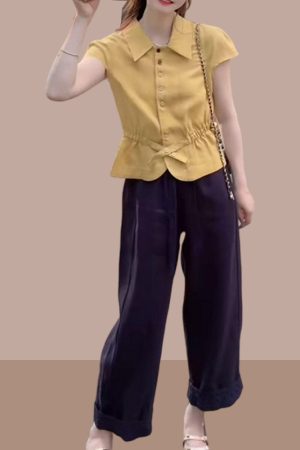 Women's Summer Button-Down Slim-Fit Collared Top & Casual Straight-Leg Pants Set - Trendy Waist-Cinching Outfit for Chic Style