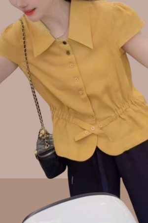 Women's Summer Button-Down Slim-Fit Collared Top & Casual Straight-Leg Pants Set - Trendy Waist-Cinching Outfit for Chic Style