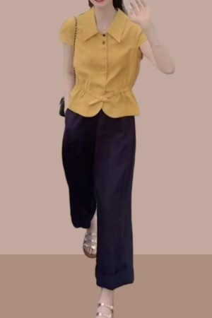 Women's Summer Button-Down Slim-Fit Collared Top & Casual Straight-Leg Pants Set - Trendy Waist-Cinching Outfit for Chic Style