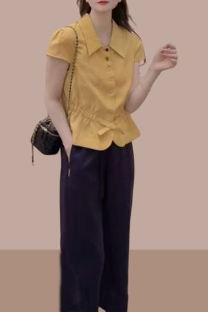 Women's Summer Button-Down Slim-Fit Collared Top & Casual Straight-Leg Pants Set - Trendy Waist-Cinching Outfit for Chic Style