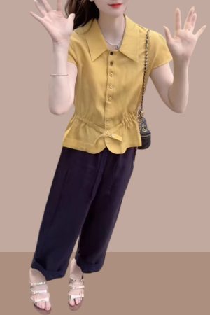 Women's Summer Button-Down Slim-Fit Collared Top & Casual Straight-Leg Pants Set - Trendy Waist-Cinching Outfit for Chic Style