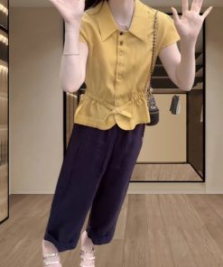 Women's Summer Button-Down Waist-Cinching Slim-Fit Collared Top & Casual Straight-Leg Pants Set - Trendy Summer Outfit