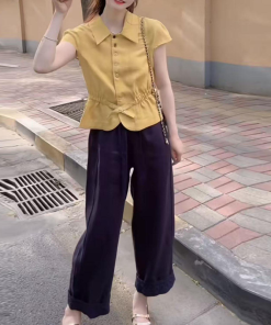 Women's Summer Button-Down Waist-Cinching Slim-Fit Collared Top & Casual Straight-Leg Pants Set - Trendy Summer Outfit