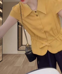 Women's Summer Button-Down Waist-Cinching Slim-Fit Collared Top & Casual Straight-Leg Pants Set - Trendy Summer Outfit