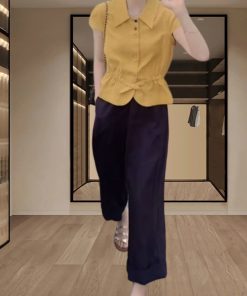 Women's Summer Button-Down Waist-Cinching Slim-Fit Collared Top & Casual Straight-Leg Pants Set - Trendy Summer Outfit