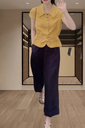 Women's Summer Button-Down Waist-Cinching Slim-Fit Collared Top & Casual Straight-Leg Pants Set - Trendy Summer Outfit