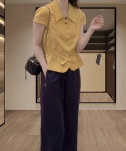 Women's Summer Button-Down Waist-Cinching Slim-Fit Collared Top & Casual Straight-Leg Pants Set - Trendy Summer Outfit