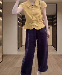 Women's Summer Button-Down Waist-Cinching Slim-Fit Collared Top & Casual Straight-Leg Pants Set - Trendy Summer Outfit