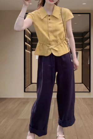 Women's Summer Button-Down Waist-Cinching Slim-Fit Collared Top & Casual Straight-Leg Pants Set - Trendy Summer Outfit