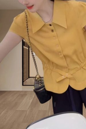 Women's Summer Button-Down Waist-Cinching Slim-Fit Collared Top with Casual Straight-Leg Pants Set - Trendy Summer Outfit