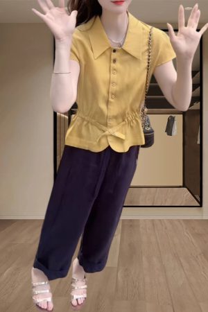 Women's Summer Button-Down Waist-Cinching Slim-Fit Collared Top with Casual Straight-Leg Pants Set - Trendy Summer Outfit