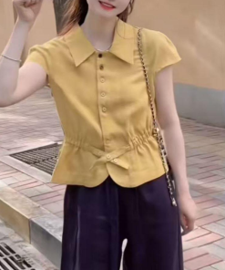 Women's Summer Button-Down Waist-Cinching Slim-Fit Collared Top with Casual Straight-Leg Pants Set - Trendy Summer Outfit