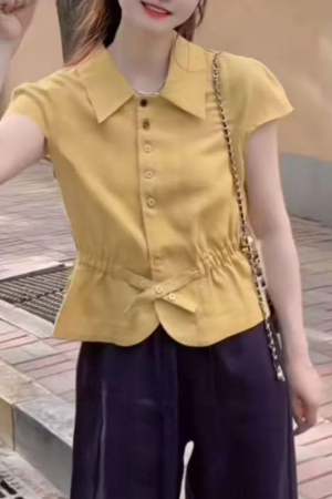 Women's Summer Button-Down Waist-Cinching Slim-Fit Collared Top with Casual Straight-Leg Pants Set - Trendy Summer Outfit