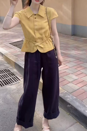 Women's Summer Button-Down Waist-Cinching Slim-Fit Collared Top with Casual Straight-Leg Pants Set - Trendy Summer Outfit