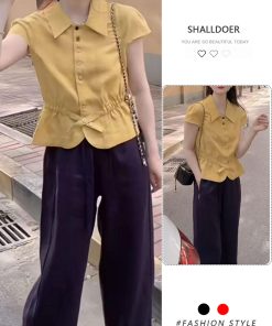 Women's Summer Button-Down Waist-Cinching Slim-Fit Collared Top with Casual Straight-Leg Pants Set - Trendy Summer Outfit