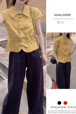 Women's Summer Button-Down Waist-Cinching Slim-Fit Collared Top with Casual Straight-Leg Pants Set - Trendy Summer Outfit