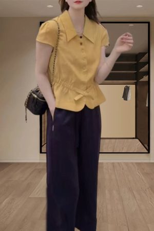 Women's Summer Button-Down Waist-Cinching Slim-Fit Collared Top with Casual Straight-Leg Pants Set - Trendy Summer Outfit