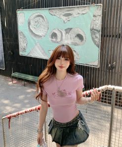 Women's Summer Cat Print Slim Fit Lace Embroidery Short Sleeve T-Shirt - Trendy Waist-Defining Top for Y2K Style