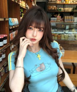 Women's Summer Cat Print Slim Fit Lace Embroidery Short Sleeve T-Shirt - Trendy Waist-Defining Top for Y2K Style