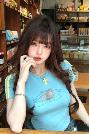 Women's Summer Cat Print Slim Fit Lace Embroidery Short Sleeve T-Shirt - Trendy Waist-Defining Top for Y2K Style