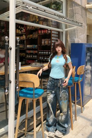 Women's Summer Cat Print Slim Fit Lace Embroidery Short Sleeve T-Shirt - Trendy Waist-Defining Top for Y2K Style