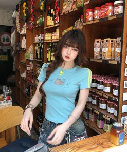 Women's Summer Cat Print Slim Fit Lace Embroidery Short Sleeve T-Shirt - Trendy Waist-Defining Top for Y2K Style