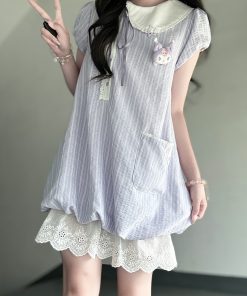 Women's Summer Pudding Bear JK Uniform Dress with Doll Collar and Plaid Skirt - Age-Reducing College Style