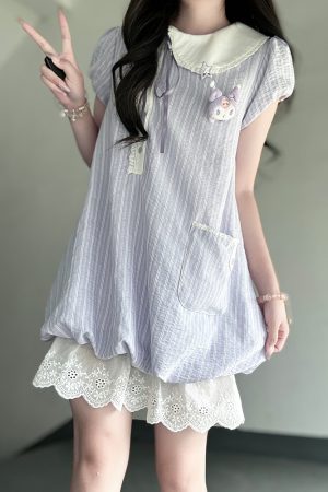 Women's Summer Pudding Bear JK Uniform Dress with Doll Collar and Plaid Skirt - Age-Reducing College Style