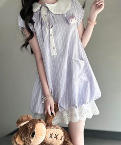 Women's Summer Pudding Bear JK Uniform Dress with Doll Collar and Plaid Skirt - Age-Reducing College Style