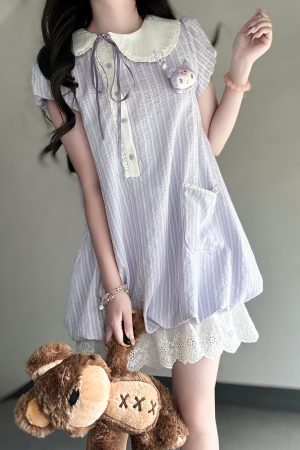 Women's Summer Pudding Bear JK Uniform Dress with Doll Collar and Plaid Skirt - Age-Reducing College Style