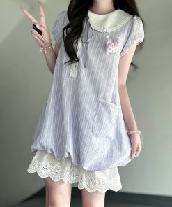 Women's Summer Pudding Bear JK Uniform Dress with Doll Collar and Plaid Skirt - Age-Reducing College Style