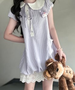 Women's Summer Pudding Bear JK Uniform Dress with Doll Collar and Plaid Skirt - Age-Reducing College Style