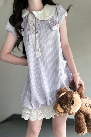 Women's Summer Pudding Bear JK Uniform Dress with Doll Collar and Plaid Skirt - Age-Reducing College Style