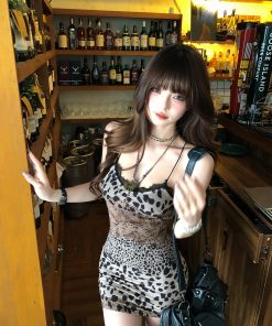 Women's Summer Slim Fit Bodycon Dress with Lace Leopard Print - Trendy Dusk Style for 90s and Y2K Fashion