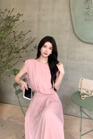 Women's Summer Two-Piece Outfit - Pink Chiffon Top and Skirt Set, Heartfelt Moon Shadow, Trendy Y2K Fashion
