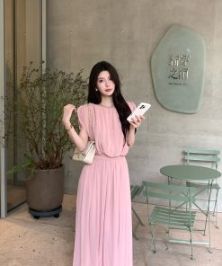 Women's Summer Two-Piece Outfit - Pink Chiffon Top and Skirt Set, Heartfelt Moon Shadow, Trendy Y2K Fashion