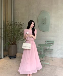 Women's Summer Two-Piece Outfit - Pink Chiffon Top and Skirt Set, Heartfelt Moon Shadow, Trendy Y2K Fashion