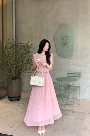 Women's Summer Two-Piece Outfit - Pink Chiffon Top and Skirt Set, Heartfelt Moon Shadow, Trendy Y2K Fashion