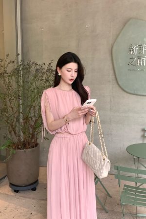 Women's Summer Two-Piece Outfit - Pink Chiffon Top and Skirt Set, Heartfelt Moon Shadow, Trendy Y2K Fashion