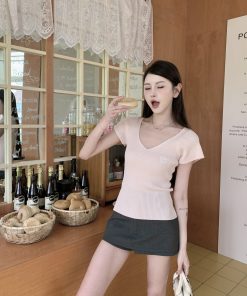 Women's Summer V-Neck Flutter Sleeve Ice Silk Ribbed Knit T-Shirt Top in Pink - Stylish Vertical Stripes for a Chic Look