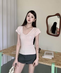 Women's Summer V-Neck Flutter Sleeve Ice Silk Ribbed Knit T-Shirt Top in Pink - Stylish Vertical Stripes for a Chic Look
