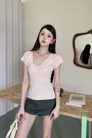 Women's Summer V-Neck Flutter Sleeve Ice Silk Ribbed Knit T-Shirt Top in Pink - Stylish Vertical Stripes for a Chic Look